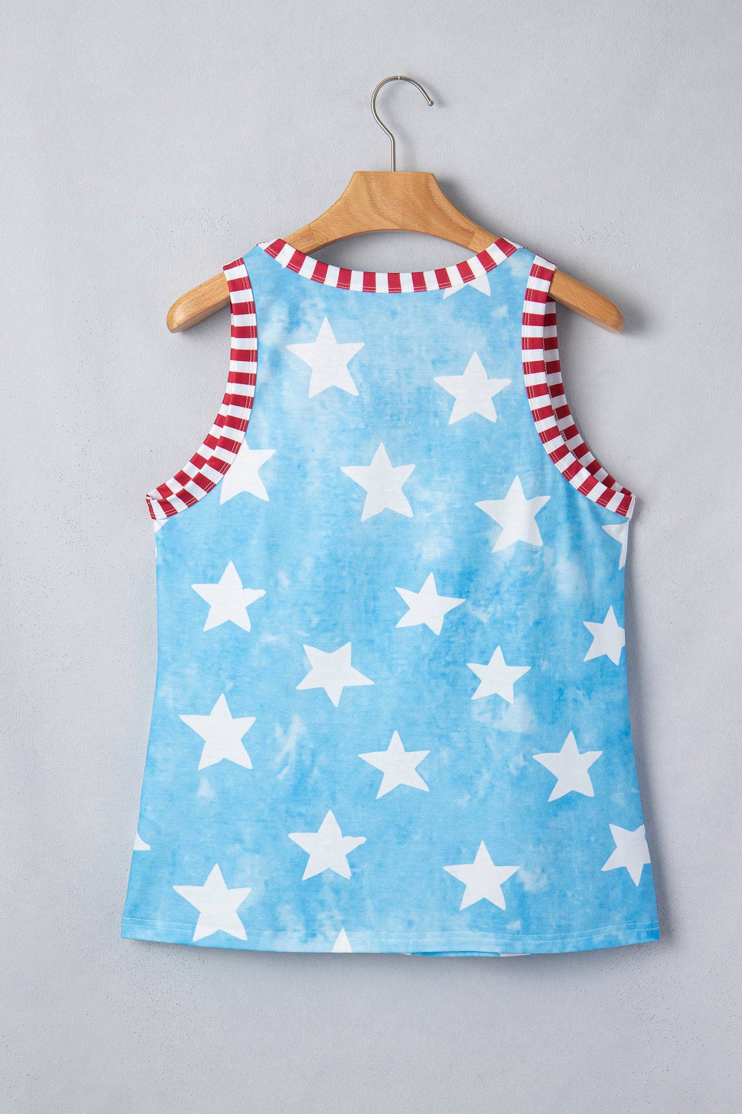 Tie Dye Star Print Striped Trim Round Neck Tank Top (S-XL): Blue / Missy / L