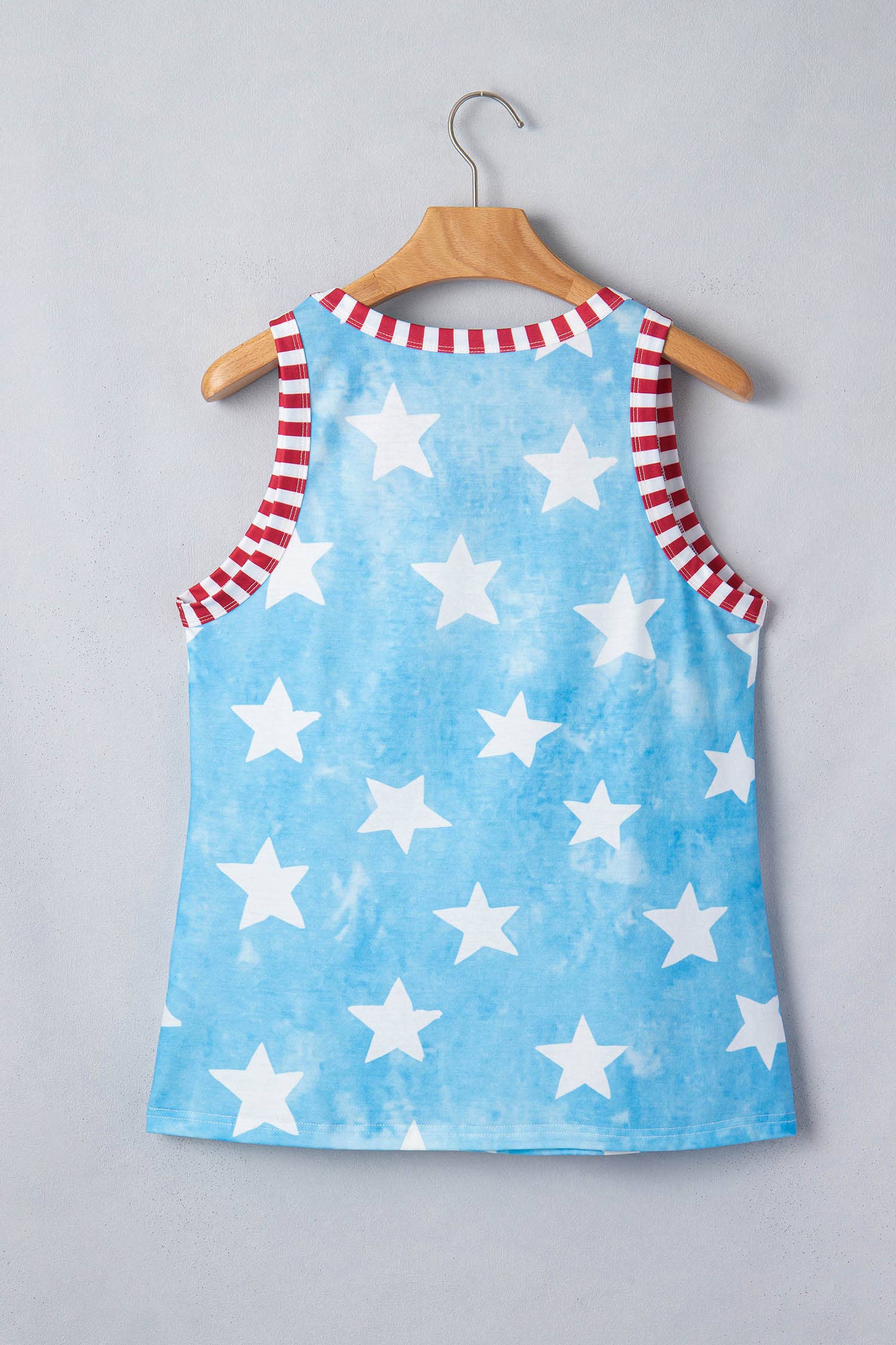 Tie Dye Star Print Striped Trim Round Neck Tank Top (S-XL): Blue / Missy / XL