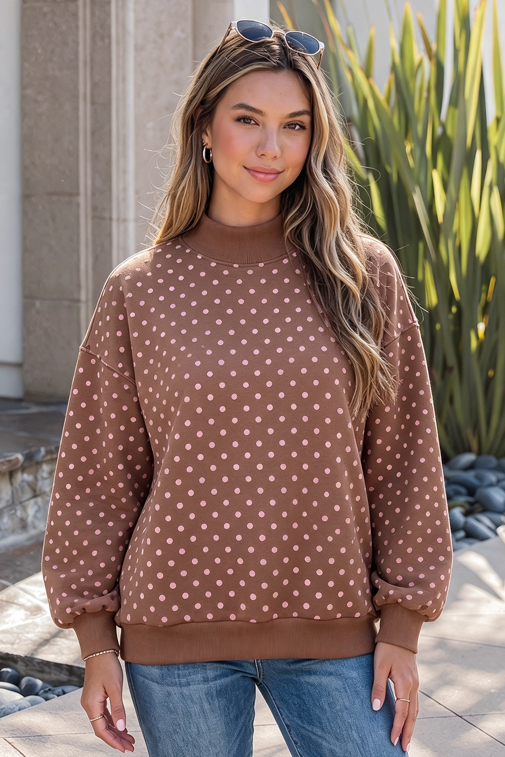 Casual Polka Dot Mock Neck Sweatshirt S-4X: White / L