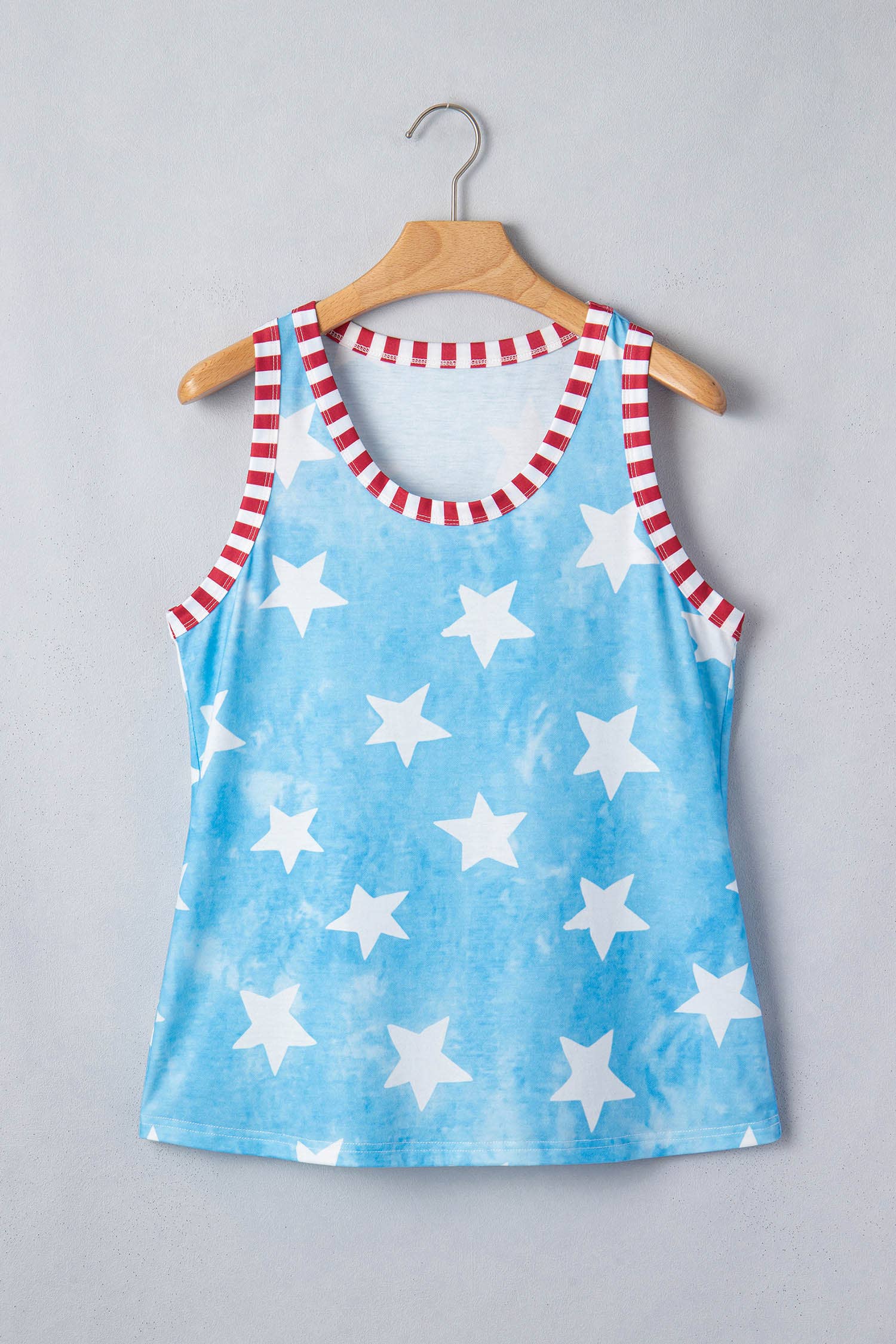 Tie Dye Star Print Striped Trim Round Neck Tank Top (S-XL): Blue / Missy / XL