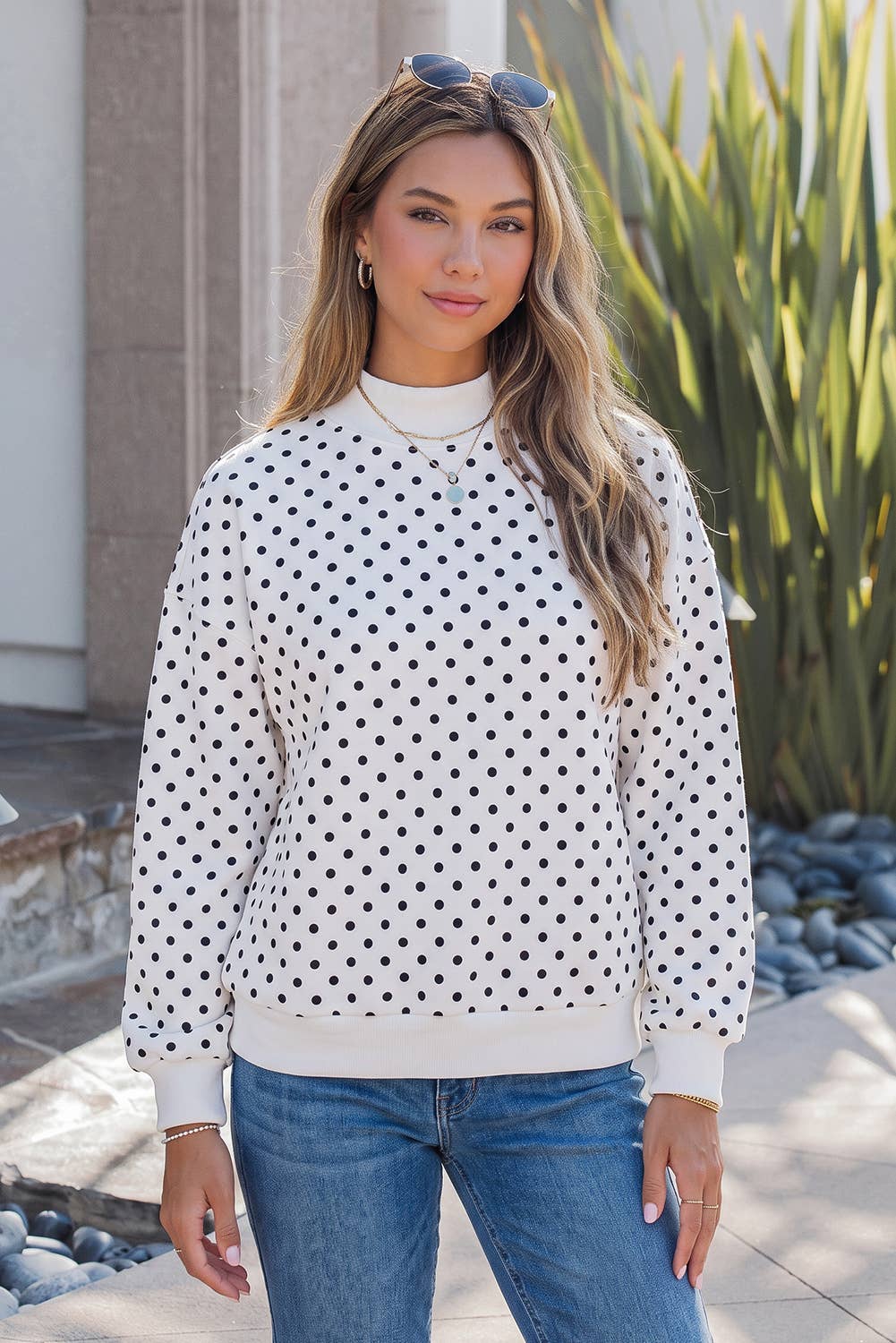 Casual Polka Dot Mock Neck Sweatshirt S-4X: White / S
