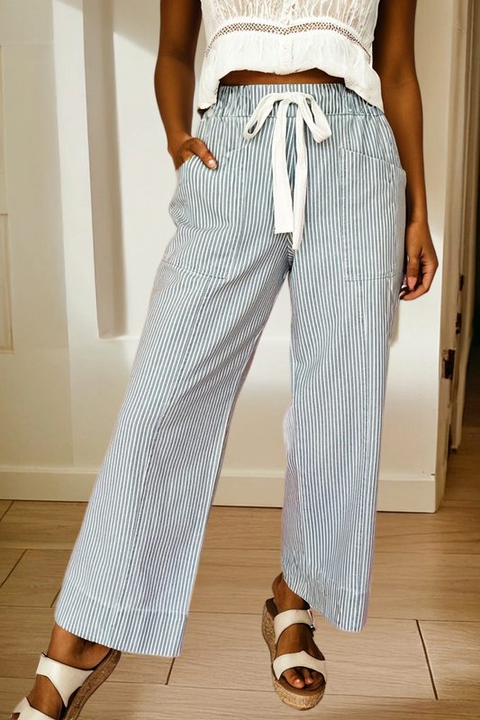66 Spring 2026 Stripe Mid Rise Drawstring Waist Denim Jeans: Blue / Missy / 10