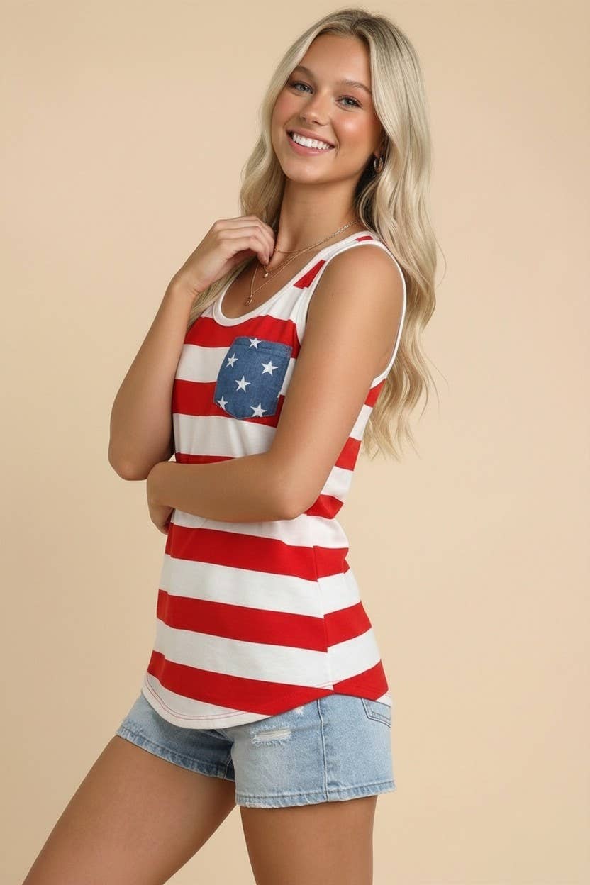USA stripe tank with star pocket & bow back: RED / S