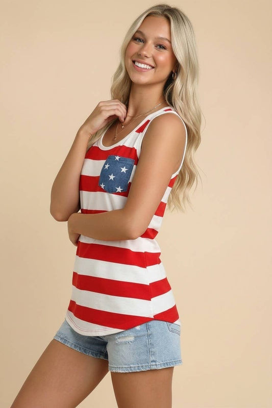 USA stripe tank with star pocket & bow back: RED / L