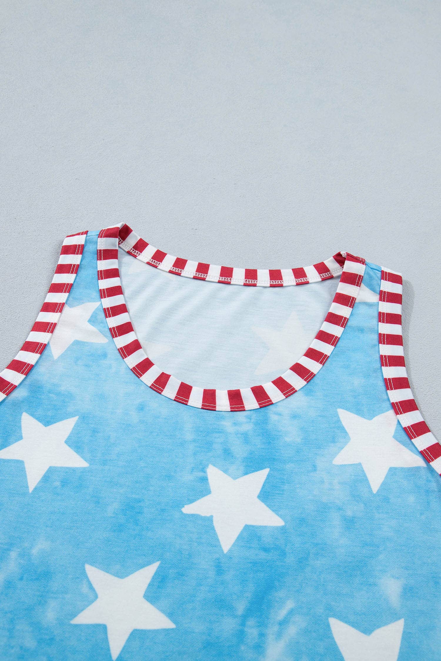 Tie Dye Star Print Striped Trim Round Neck Tank Top (S-XL): Blue / Missy / S