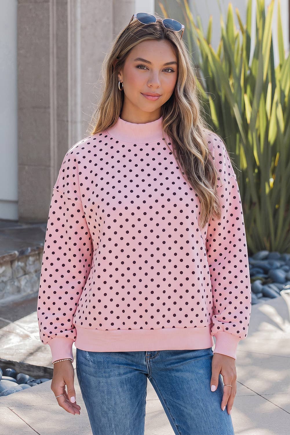 Casual Polka Dot Mock Neck Sweatshirt S-4X: White / L