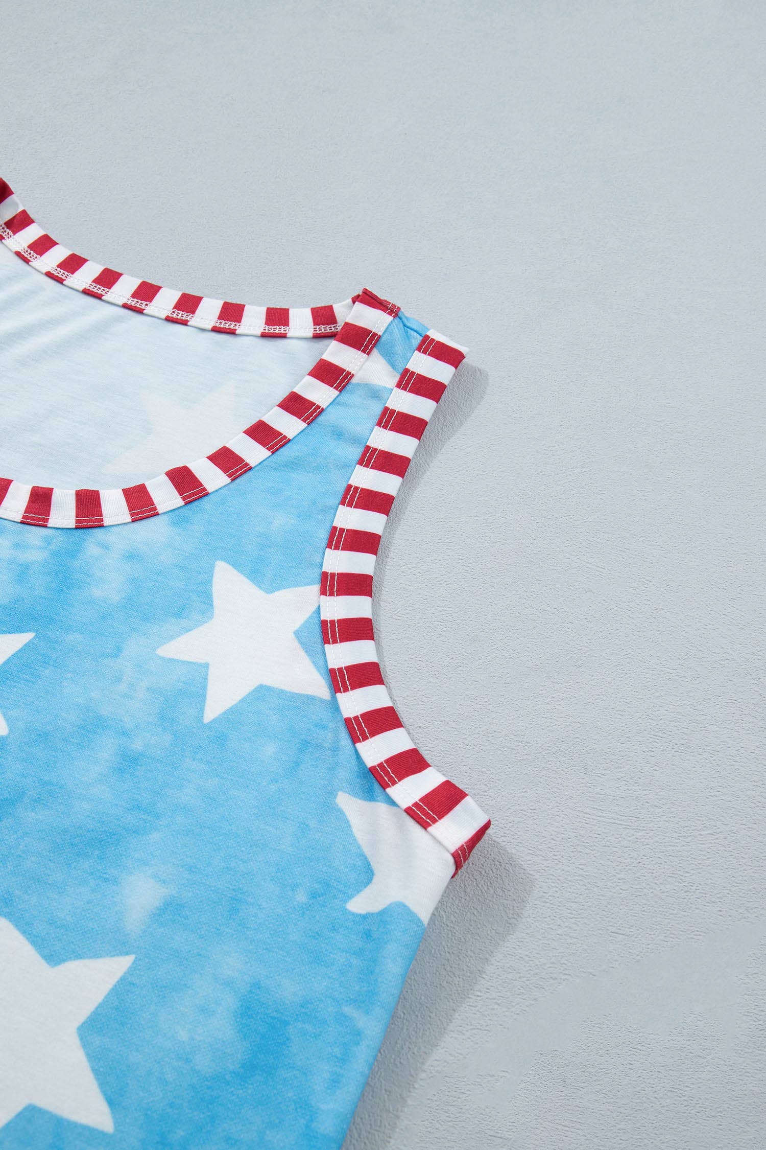 Tie Dye Star Print Striped Trim Round Neck Tank Top (S-XL): Blue / Missy / XL