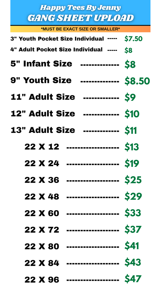 A size and price chart for a gang sheet upload by Happy Tees By Jenny, showing dimensions and costs for various shirt pocket sizes on a white background.