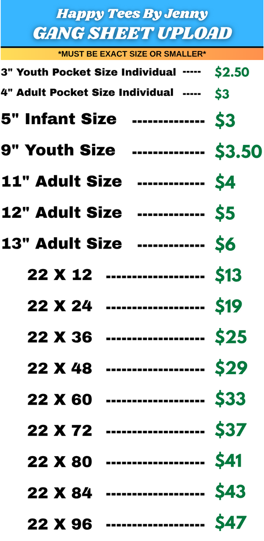 A digital price list sheet for 'Happy Tees By Jenny' showing various gang sizes and their individual pocket size costs, with a blue header and green text on a white background.