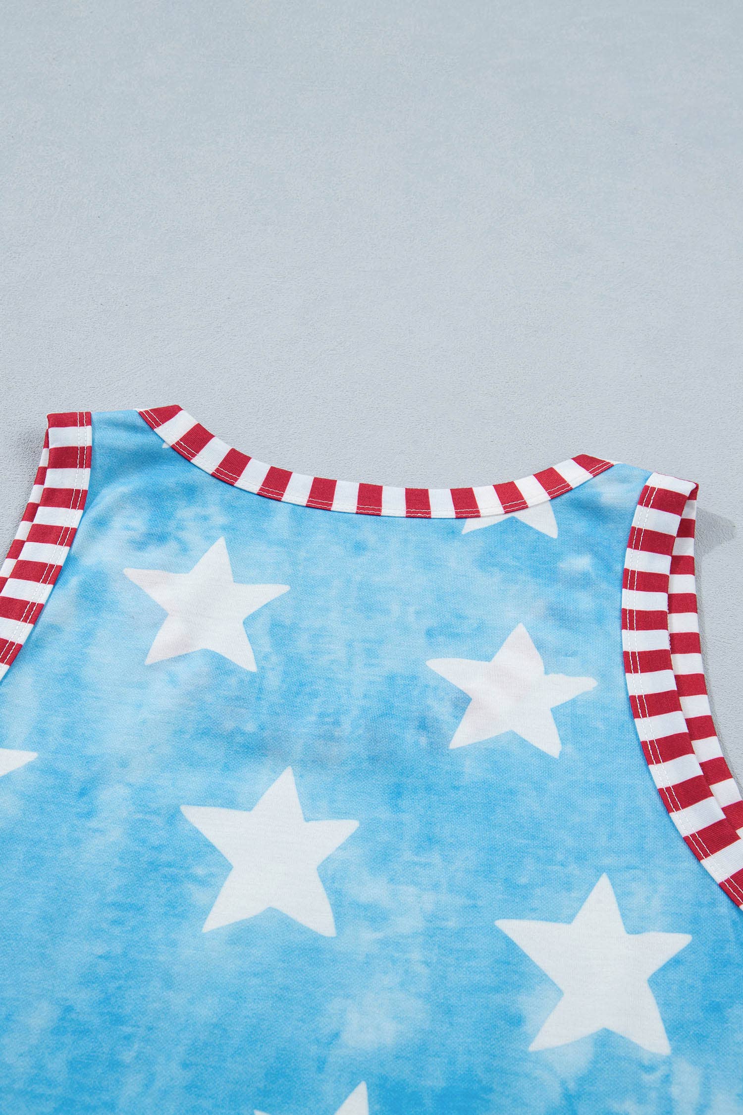 Tie Dye Star Print Striped Trim Round Neck Tank Top (S-XL): Blue / Missy / S