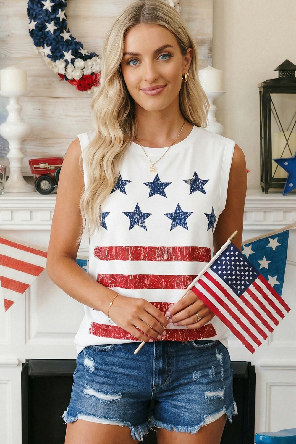 66 Vintage Stars and Stripes Printed Casual Tank Top (S-XL): White / Missy / L